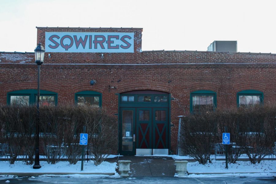 image with snow of the front of a brick building that says SqWires